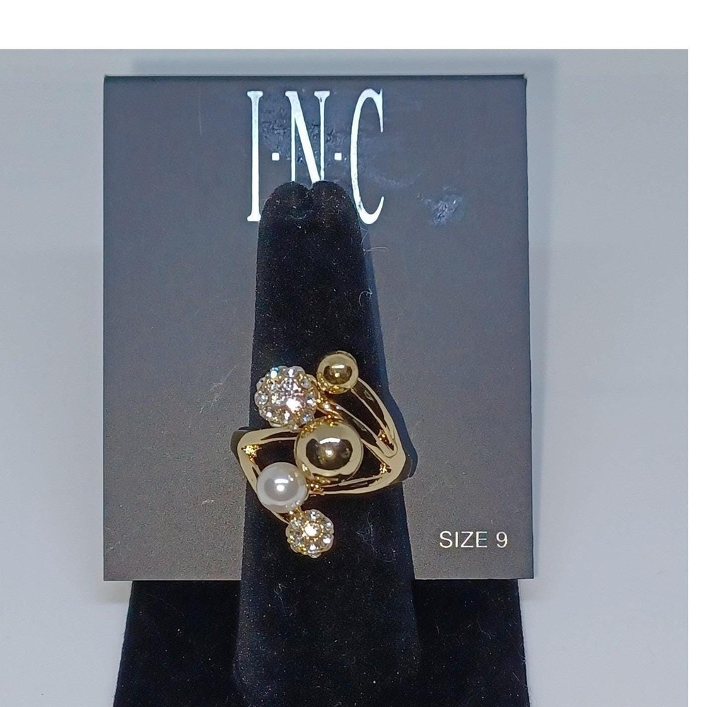 INC International Concepts Gold Tone Pearl Crystal Orb Ring Size 9 New with Tag - Picture 2 of 5